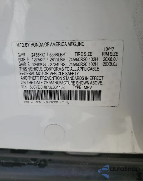 2018 Acura Mdx Advance из США, поврежденный, VIN 5J8YD3H87JL001408